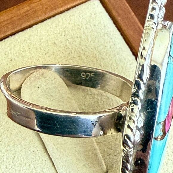 Unique Southwestern Cotton Candy Turquoise Oval Ring Sterling Silver Framed Sz 8 - Picture 3 of 7